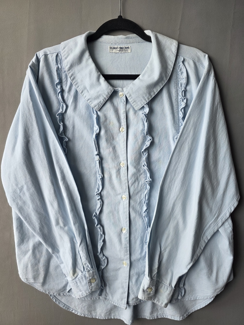 Vintage GUESS Georges Marciano Ruffle Button Shirt Size 3 Made USA Blue 80s 90s